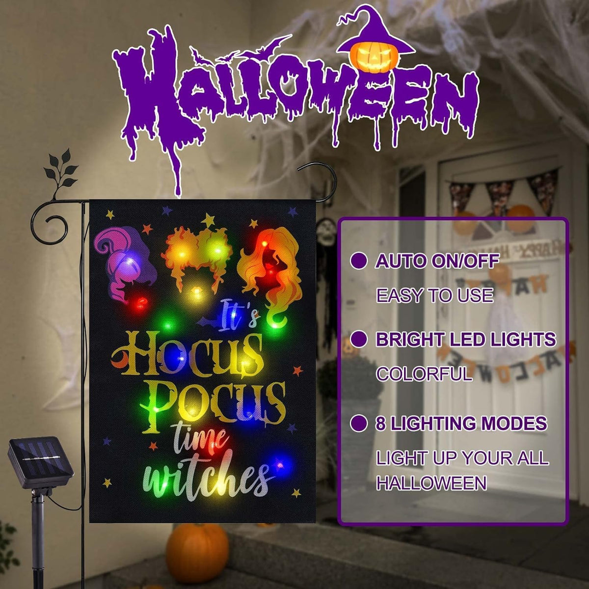 Halloween Lighted Garden Flag for Outside, LED Solar Yard Flag 8 Modes Witch Feet Shape Flag, 28x40 Double Sided Cauldron Eyeball Black Cat Decorations for Home Porch