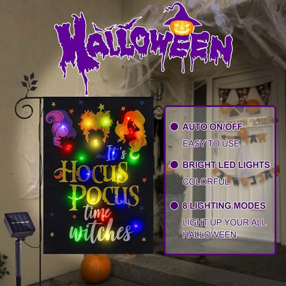 Halloween Lighted Garden Flag for Outside, LED Solar Yard Flag 8 Modes Witch Feet Shape Flag, 28x40 Double Sided Cauldron Eyeball Black Cat Decorations for Home Porch