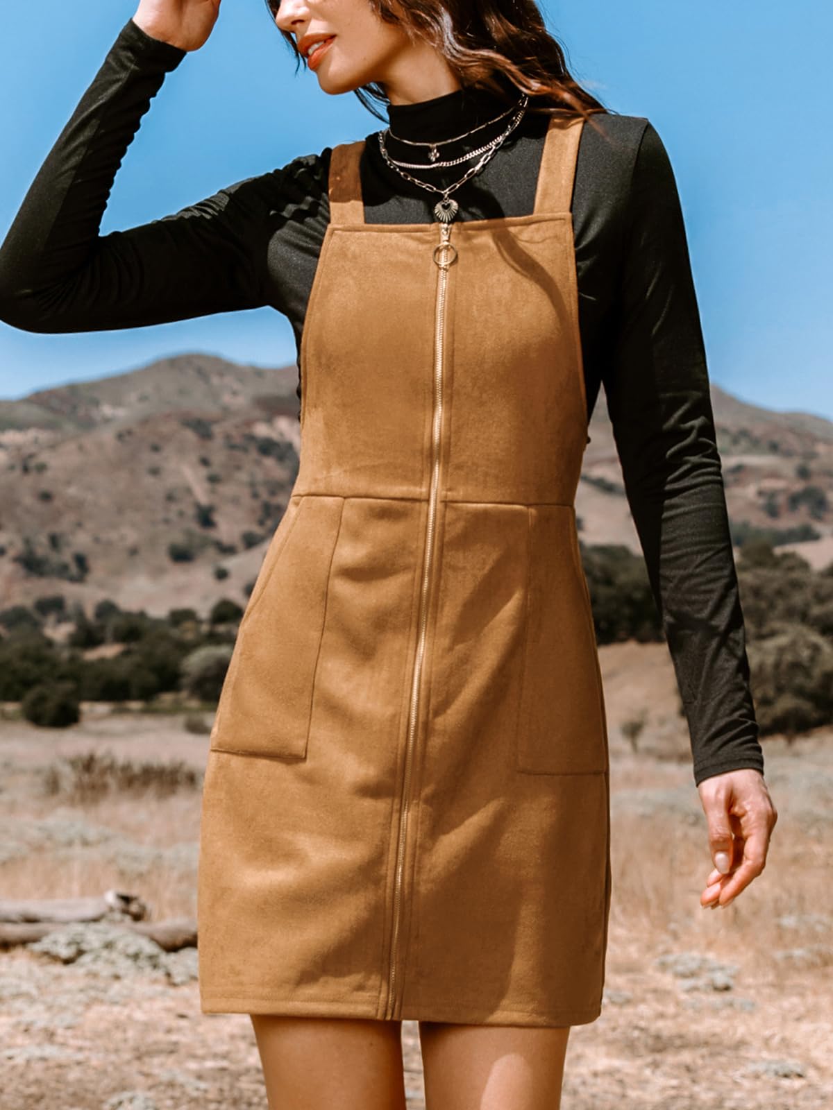 CUPSHE Faux Suede Mini Fall Dresses for Women Square Neck Pull Ring Zipper Front Pockets Wide Straps Casual Autumn Dress