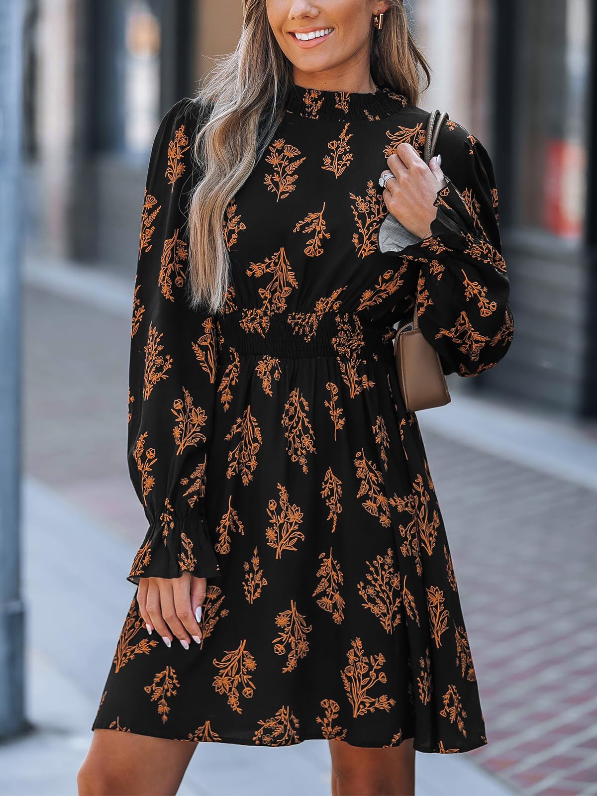 CUPSHE Women Mock Neck Floral Smocked Waist Mini Dress