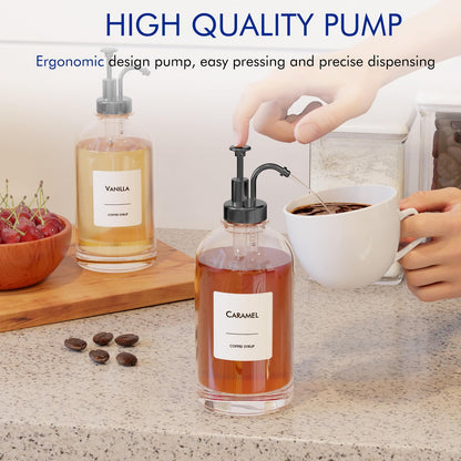 16.9 Oz (500 Ml) Coffee Syrup Dispenser Set- 4 Glass Bottles with Gold Pumper and Syrup Labels