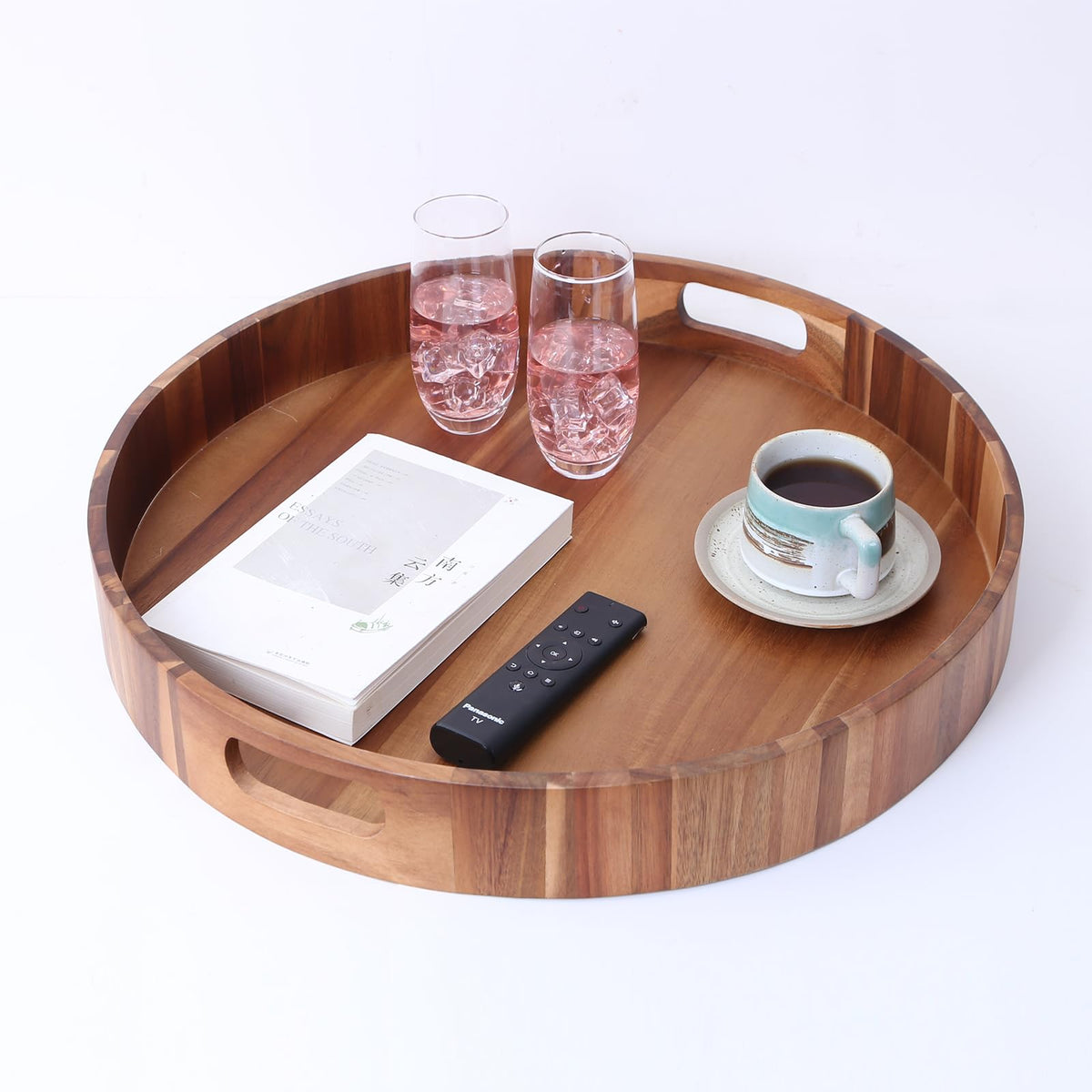 Extra Large 20INCH Premium Acacia Wood Tray Round Ottoman Tray with Handles