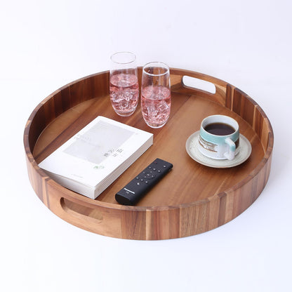 Extra Large 20INCH Premium Acacia Wood Tray Round Ottoman Tray with Handles