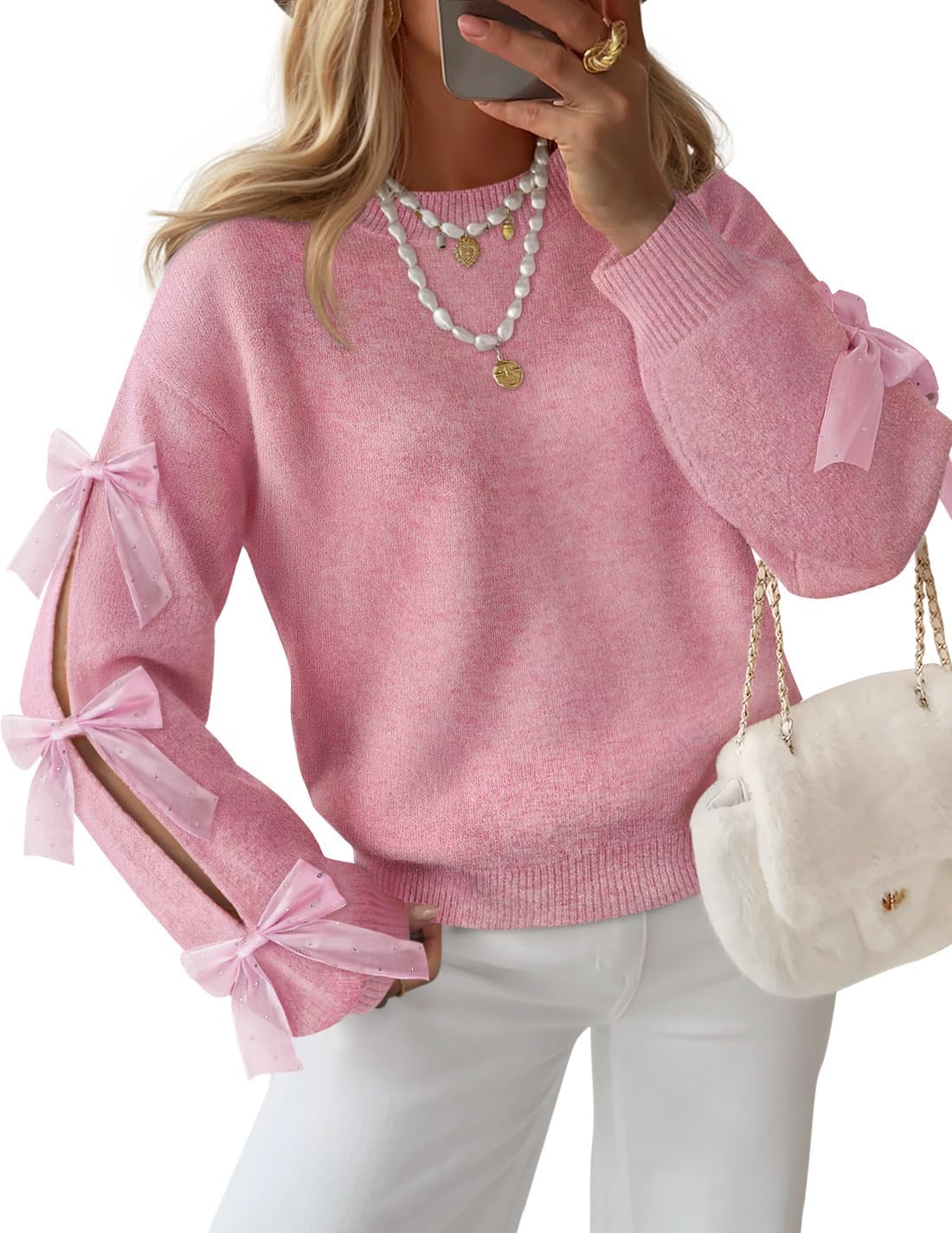 ZESICA Cute Bow Long Sleeve Oversized Sweaters