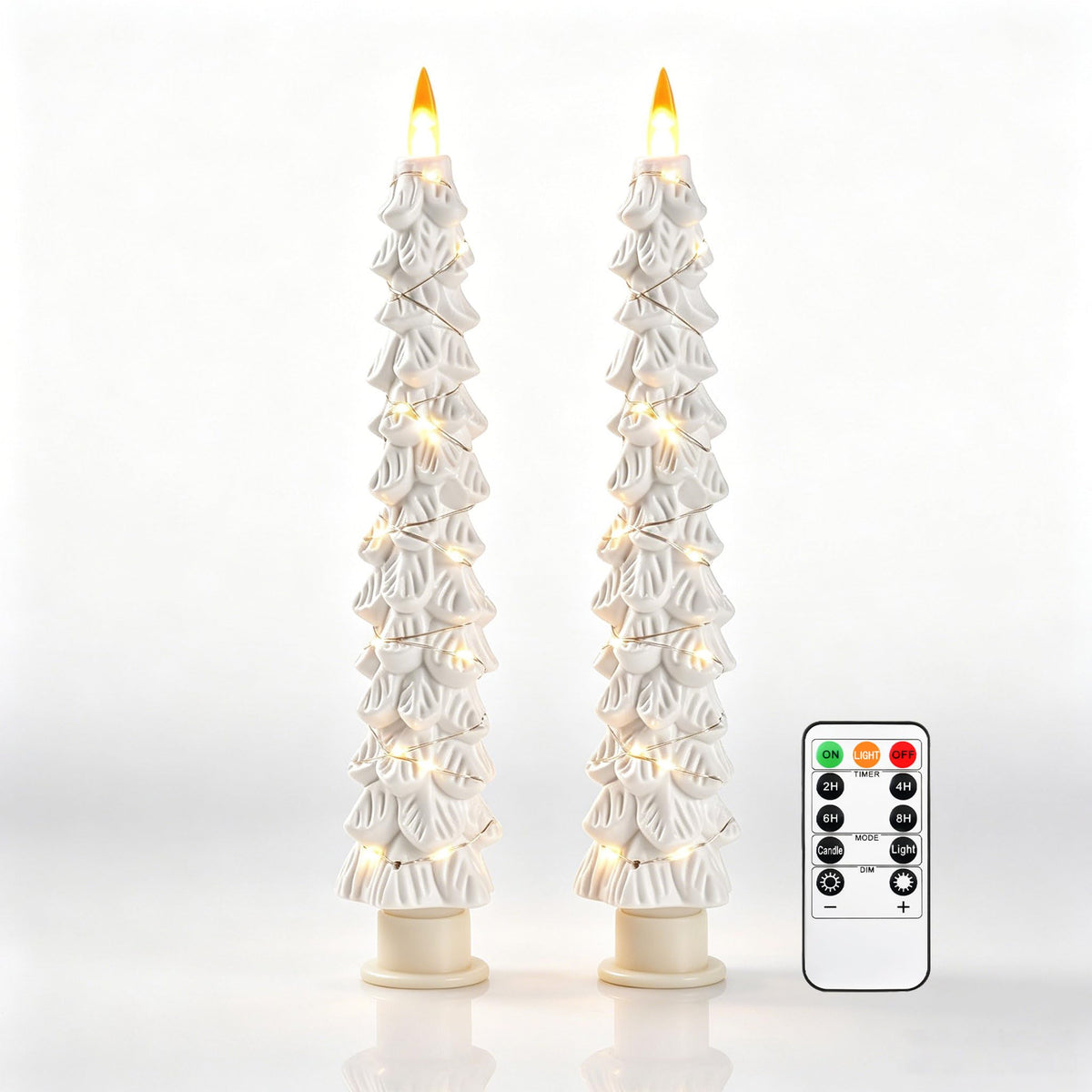 2 Pack White Christmas Tree LED Taper Candles, Flameless Flickering Candles with Copper String Lights, Upgraded Realistic Flame Effect, Battery Operated with Remote for Christmas Home Decoration