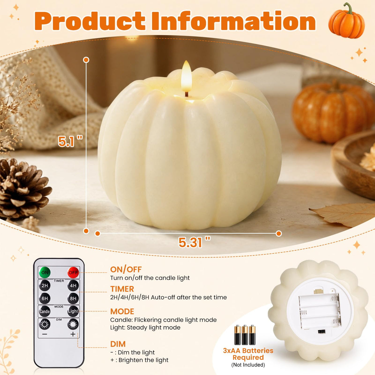 Fall Decor, Fall Decorations for Home - Flameless Pumpkin Candle with Timer Remote - Room Bedroom Table Farmhouse Decor for Halloween, Thanksgiving, Orange+white