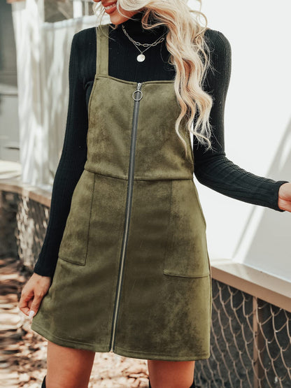 CUPSHE Faux Suede Mini Fall Dresses for Women Square Neck Pull Ring Zipper Front Pockets Wide Straps Casual Autumn Dress