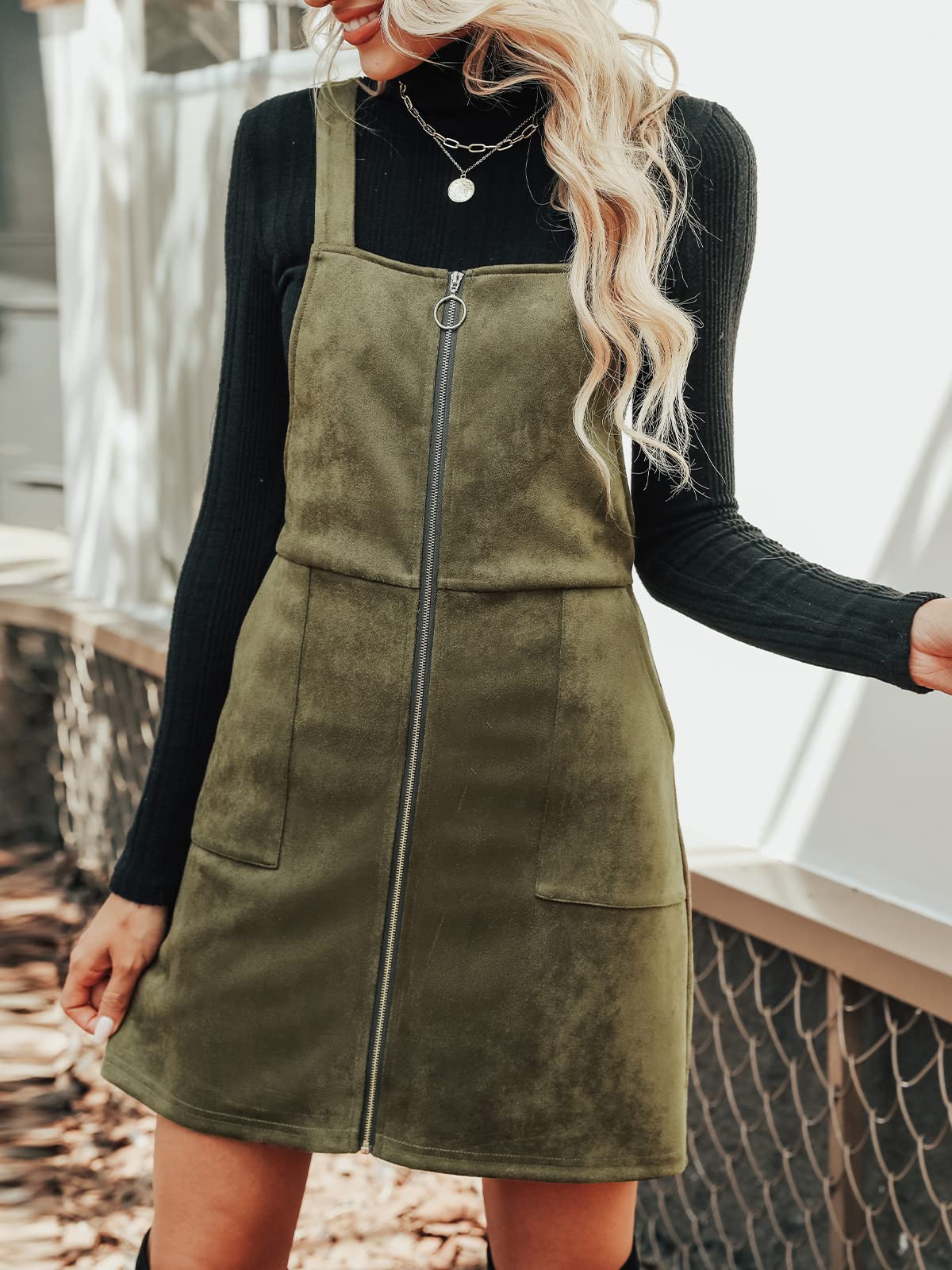 CUPSHE Faux Suede Mini Fall Dresses for Women Square Neck Pull Ring Zipper Front Pockets Wide Straps Casual Autumn Dress