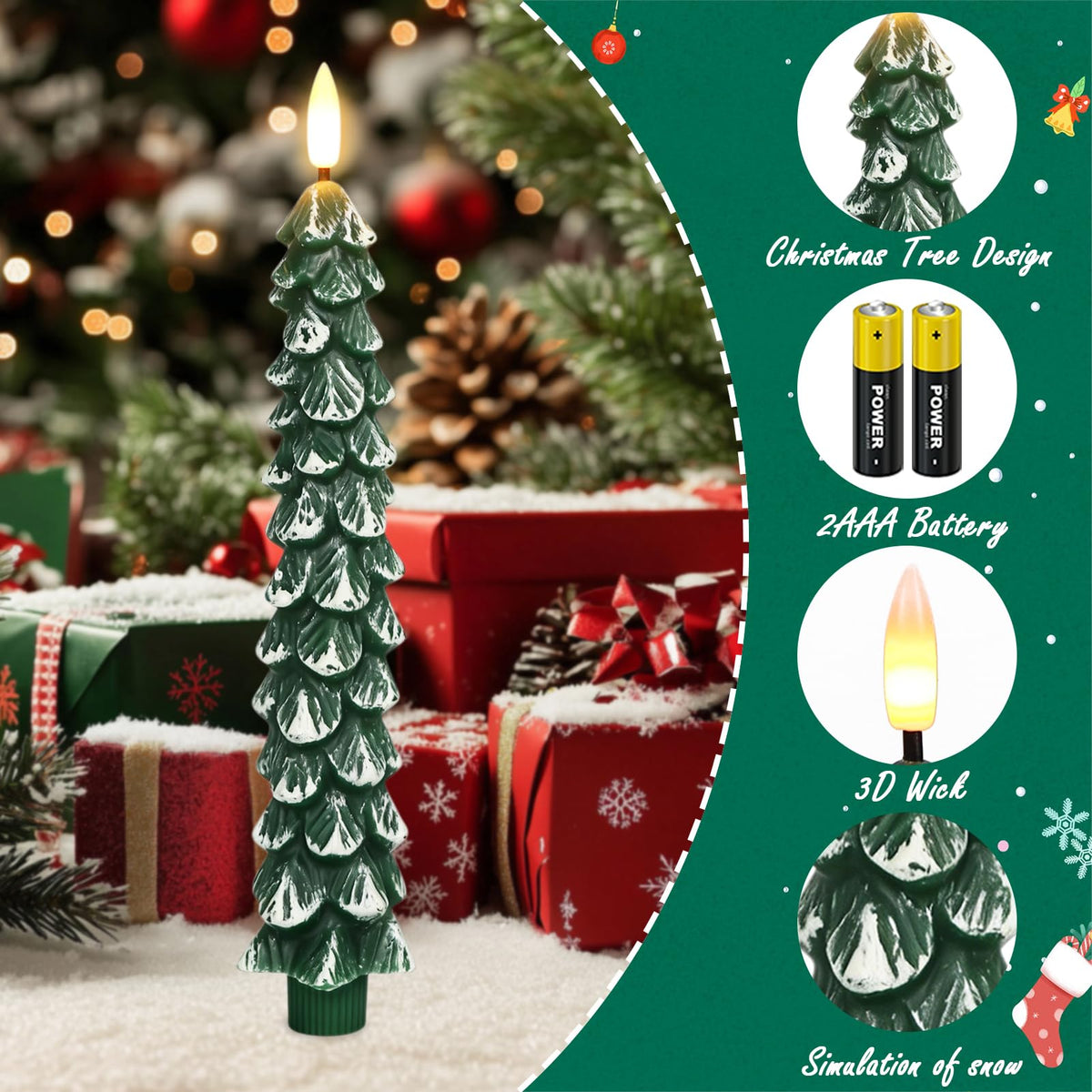 Green Christmas Tree Flameless Taper Candles Battery Operated Remote Timer