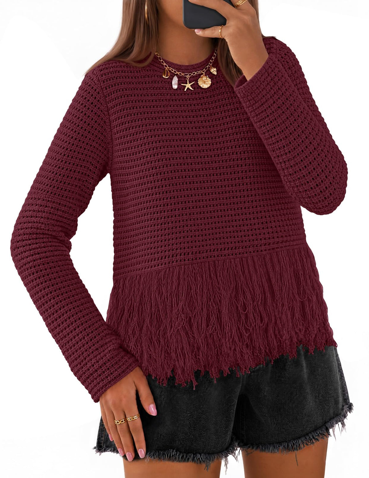 MEROKEETY Women's Fall Fashion Crochet Fringe Sweater Tops Boho Pullover