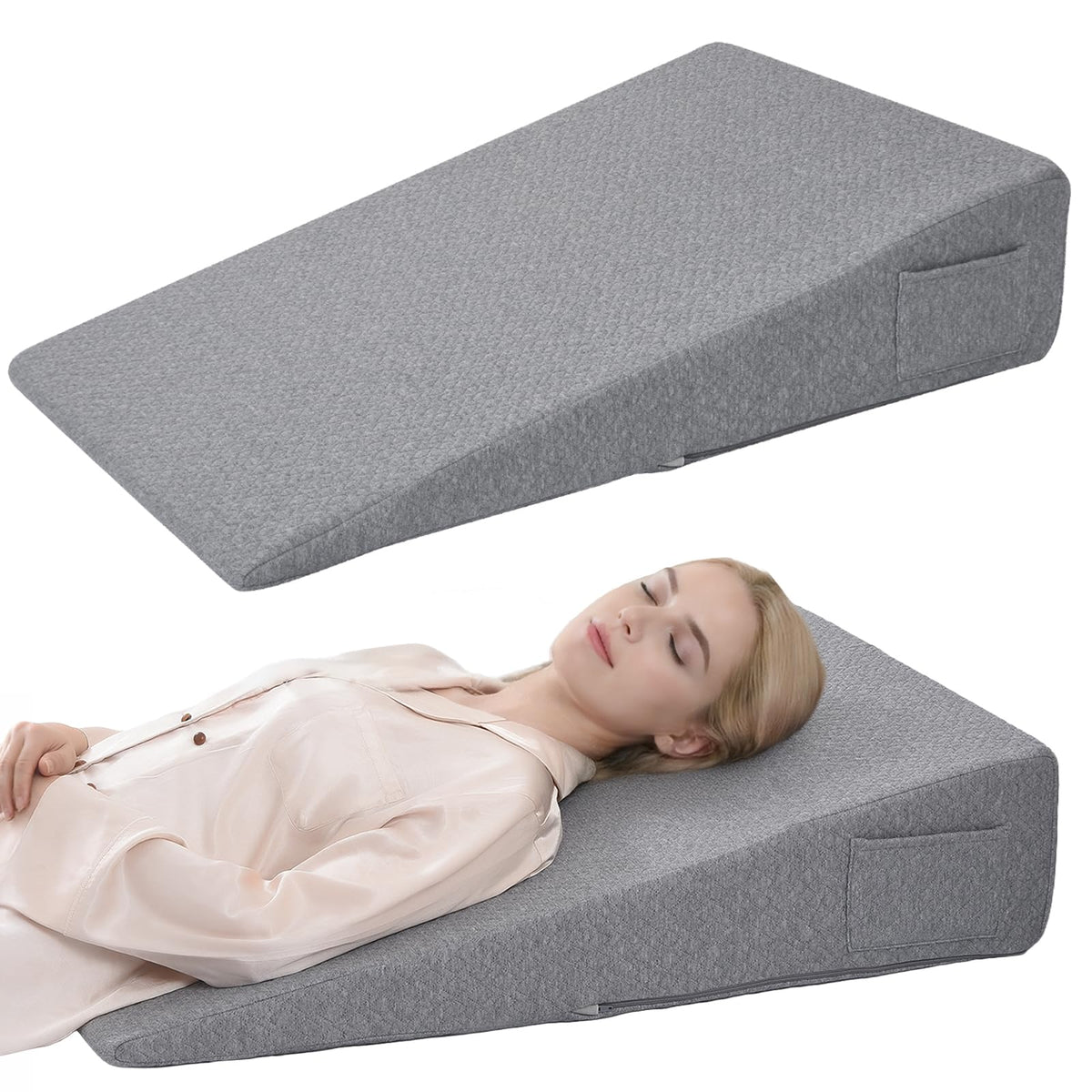 Vekkia King Bed Wedge Pillow for Headboard Gap, 0–6" Gap Filler with Side Pockets & Washable Cover, Gray 76"X10"x6"