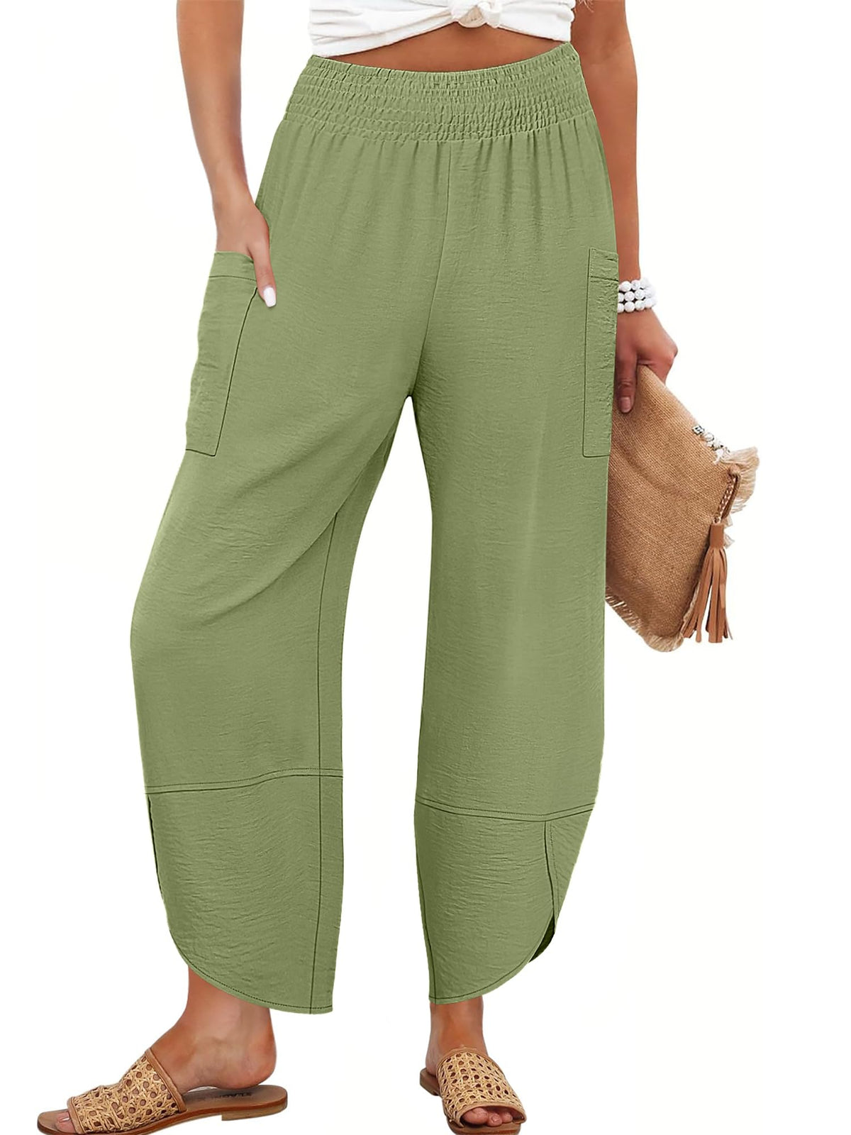 Anrabess Womens Wide Leg Palazzo Capri Pants Summer Casual High Waisted Barrel Lounge Flowy Cropped Beach Work Trousers