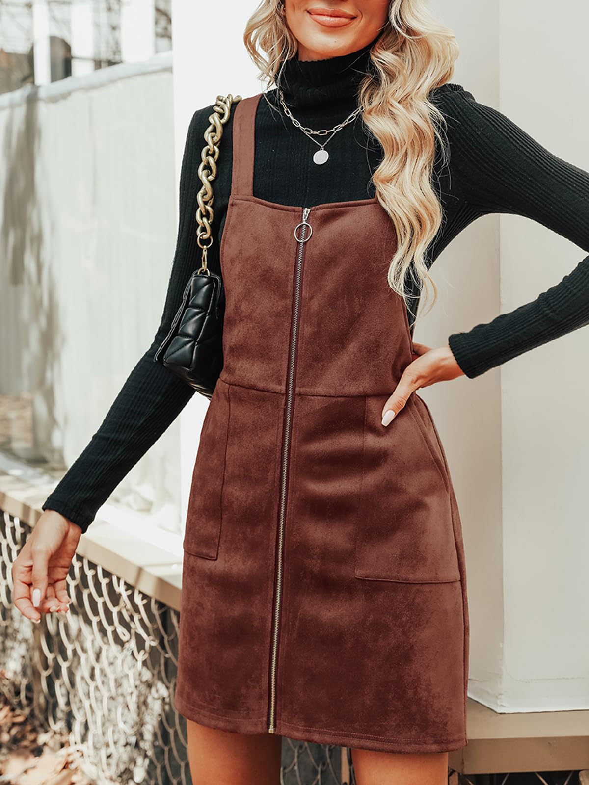 CUPSHE Faux Suede Mini Fall Dresses for Women Square Neck Pull Ring Zipper Front Pockets Wide Straps Casual Autumn Dress