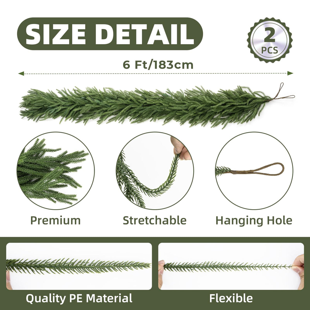 CLEANGOR 2Pcs 9FT Norfolk Pine Garlands for Christmas Decorations Indoor