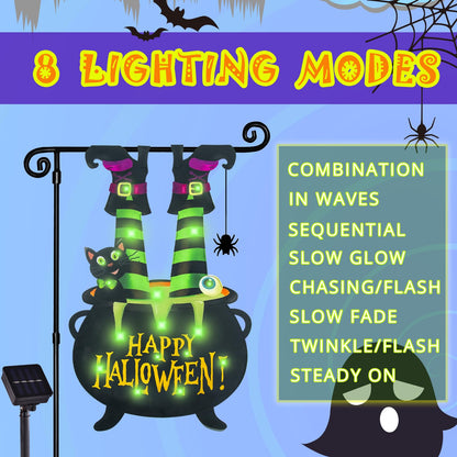 Halloween Lighted Garden Flag for Outside, LED Solar Yard Flag 8 Modes Witch Feet Shape Flag, 28x40 Double Sided Cauldron Eyeball Black Cat Decorations for Home Porch