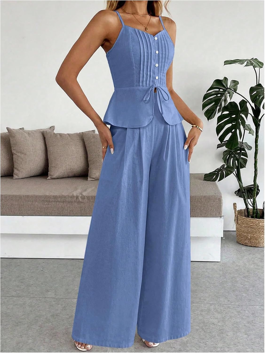 SOLY HUX Women's 2 Piece Outfit Button Down Peplum Cami Wide Leg Pants Set