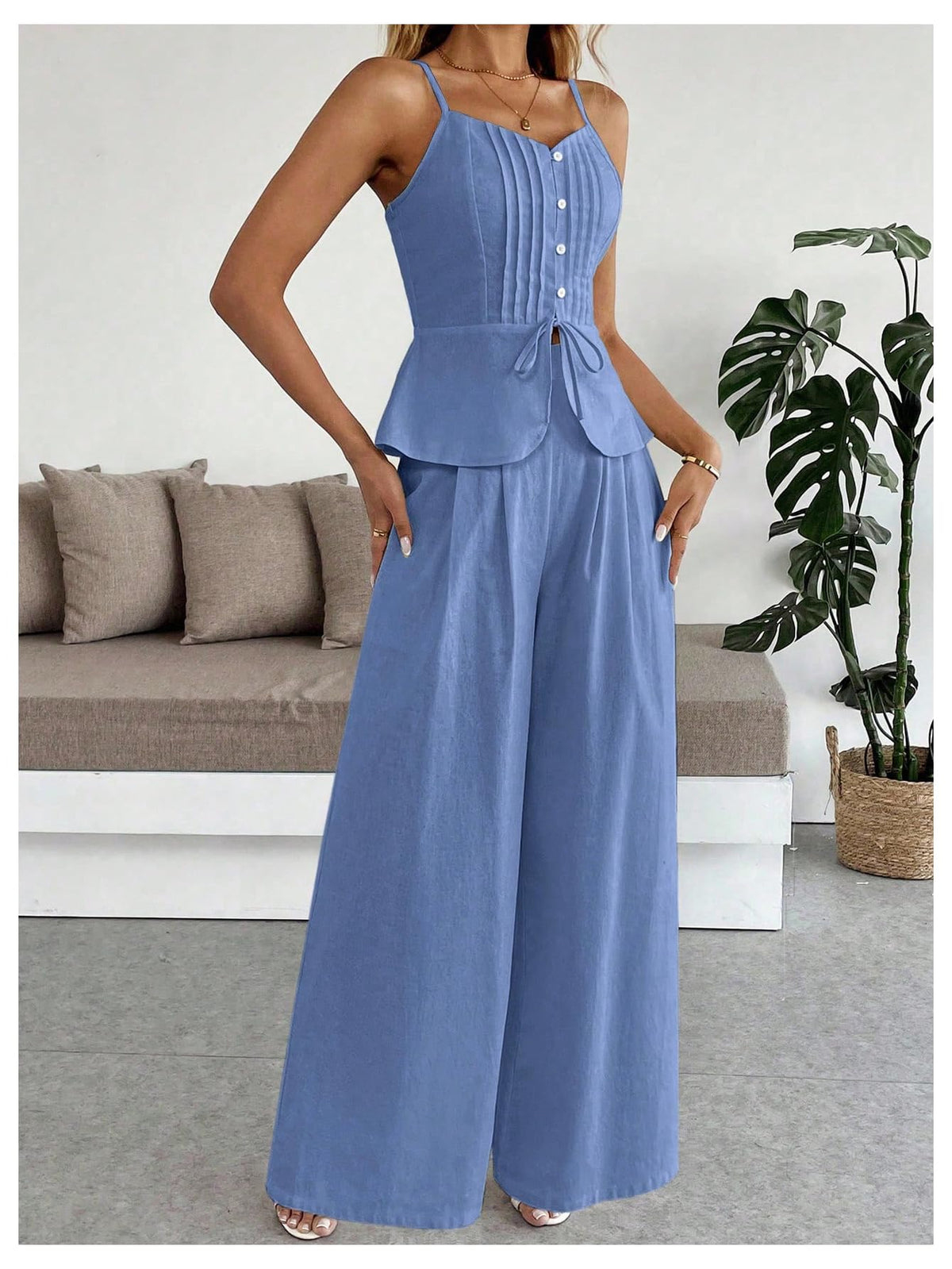 SOLY HUX Women's 2 Piece Outfit Button Down Peplum Cami Wide Leg Pants Set