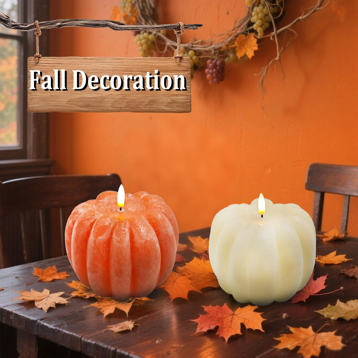 Fall Decor, Fall Decorations for Home - Flameless Pumpkin Candle with Timer Remote - Room Bedroom Table Farmhouse Decor for Halloween, Thanksgiving, Orange+white