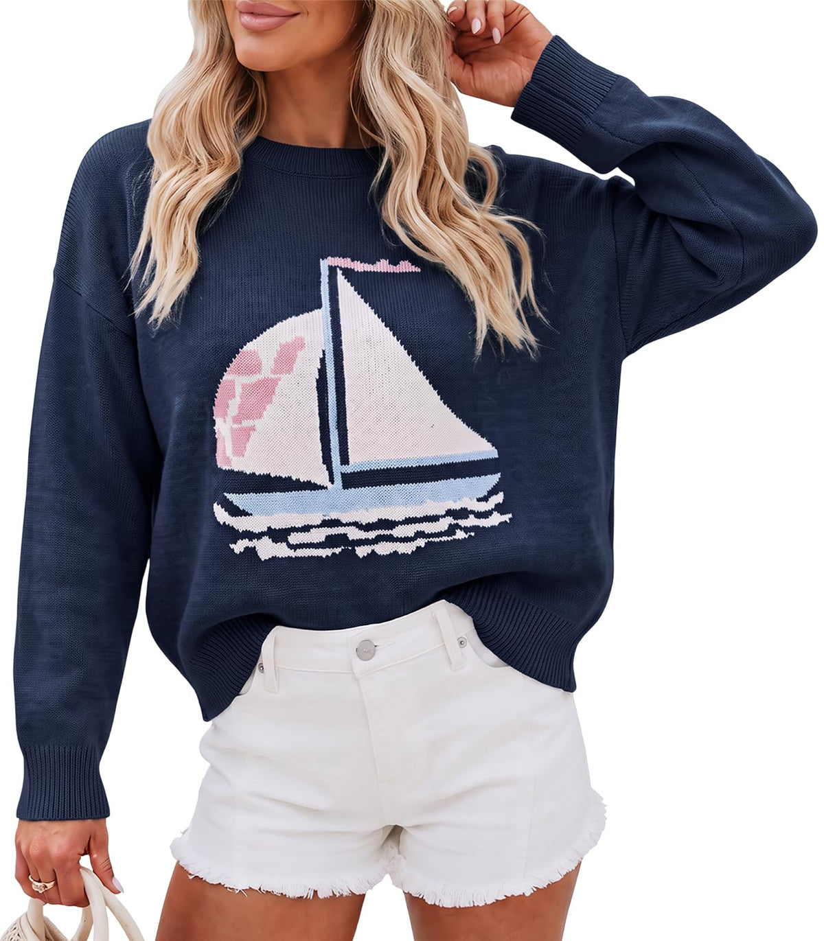 Cicy Bell Womens Graphic Sweaters Lightweight Knit Crewneck Pullover