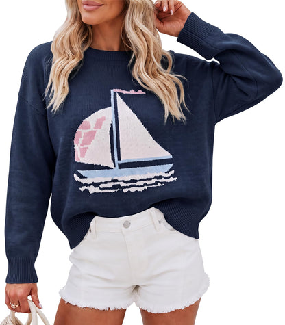 Cicy Bell Womens Graphic Sweaters Lightweight Knit Crewneck Pullover