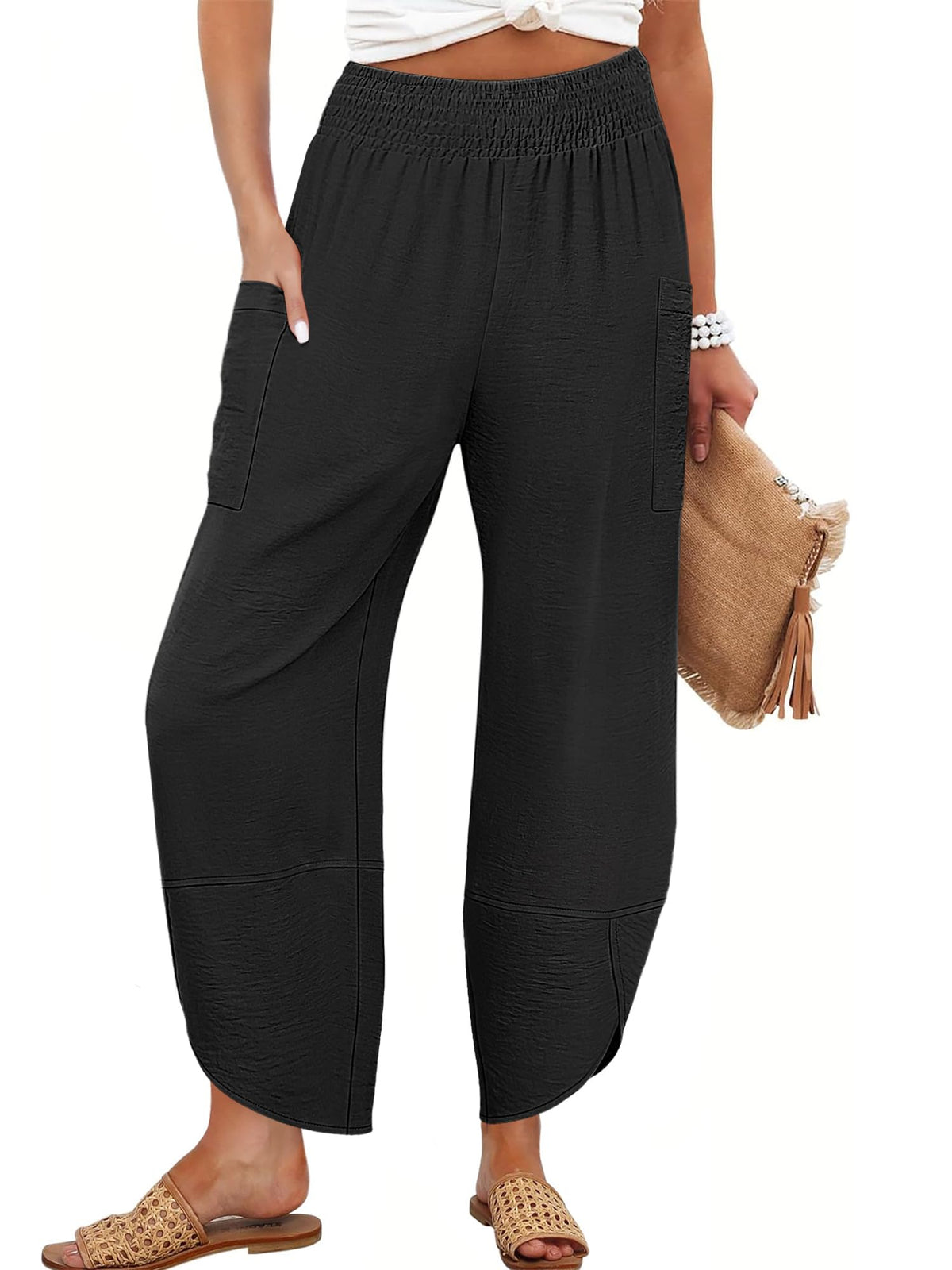 Anrabess Womens Wide Leg Palazzo Capri Pants Summer Casual High Waisted Barrel Lounge Flowy Cropped Beach Work Trousers