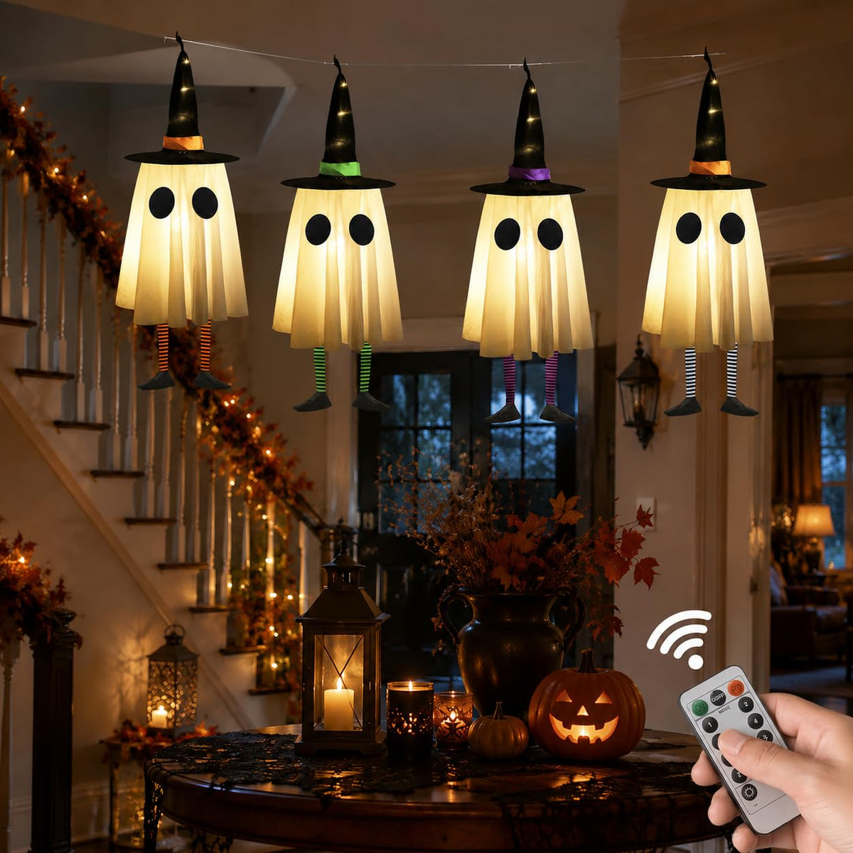 Set of 4 Halloween Hanging Ghosts, Halloween Decorations Outdoor Hanging Ghosts with Witch Hat,glowing Ghost Witch Hat Lights, Light Up Ghost Decor for Yard Patio Garden Tree Outside(4 Ghost Lighted)