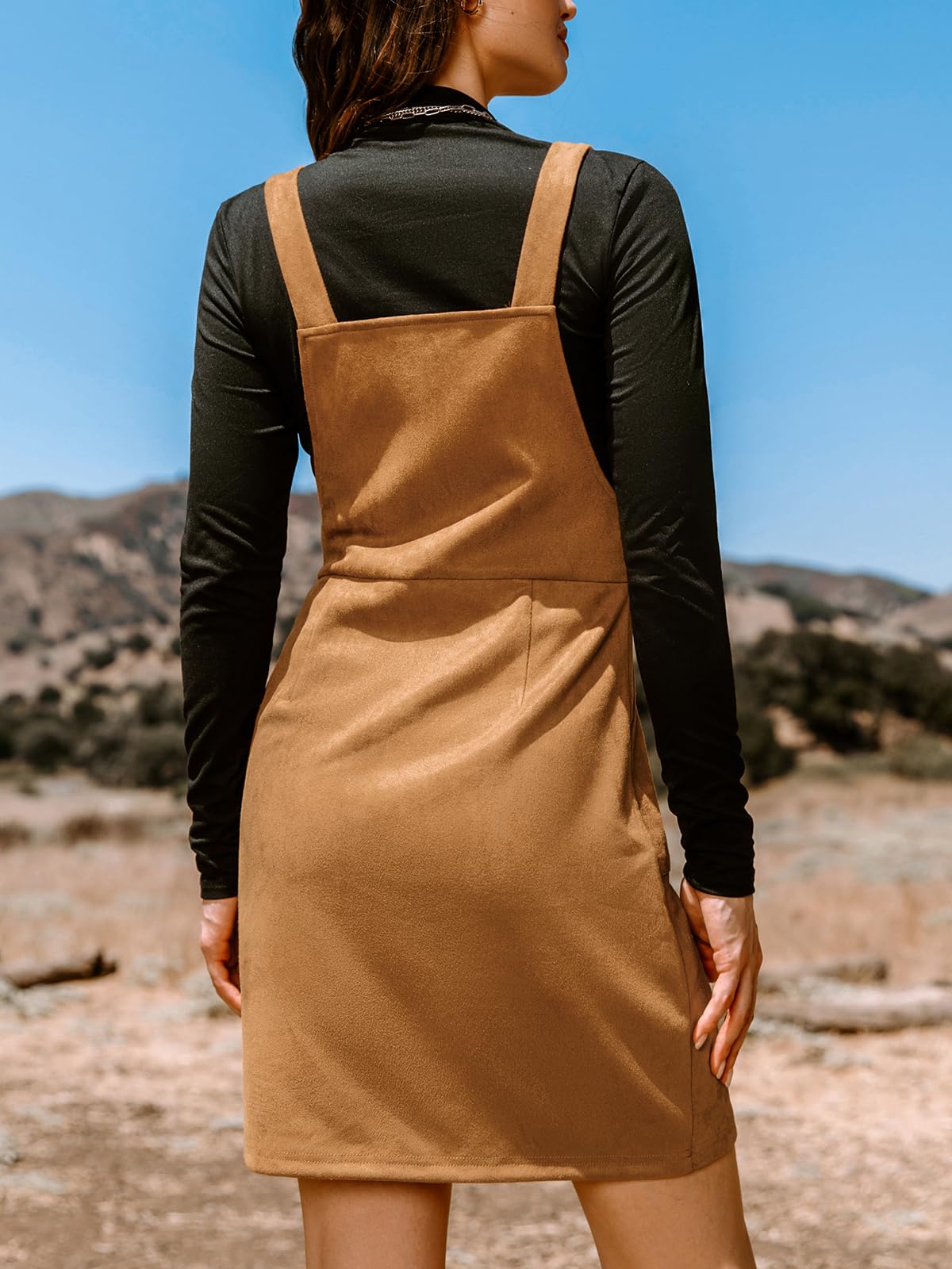 CUPSHE Faux Suede Mini Fall Dresses for Women Square Neck Pull Ring Zipper Front Pockets Wide Straps Casual Autumn Dress