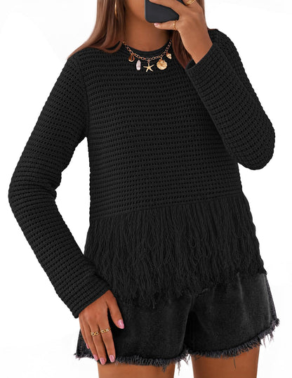 MEROKEETY Women's Fall Fashion Crochet Fringe Sweater Tops Boho Pullover