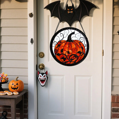 Stained Glass Window Hanging - Halloween Red White Scary Pumpkin Suncatcher for Doors Garden Home Spooky Rattan Sun Catchers Gothic Decor Horror Gifts for Women Men Friend Boy Girl 15 In