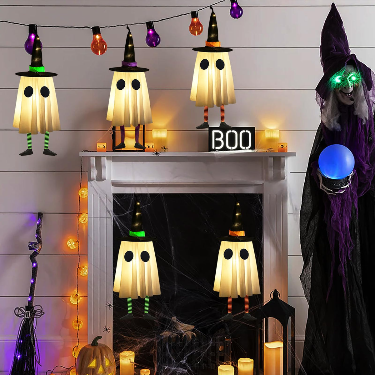 Set of 4 Halloween Hanging Ghosts, Halloween Decorations Outdoor Hanging Ghosts with Witch Hat,glowing Ghost Witch Hat Lights, Light Up Ghost Decor for Yard Patio Garden Tree Outside(4 Ghost Lighted)