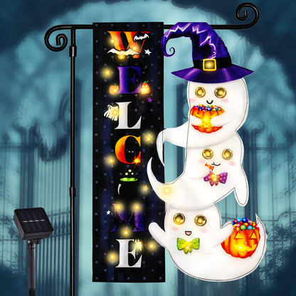 Halloween Lighted Garden Flag for Outside, LED Solar Yard Flag 8 Modes Witch Feet Shape Flag, 28x40 Double Sided Cauldron Eyeball Black Cat Decorations for Home Porch