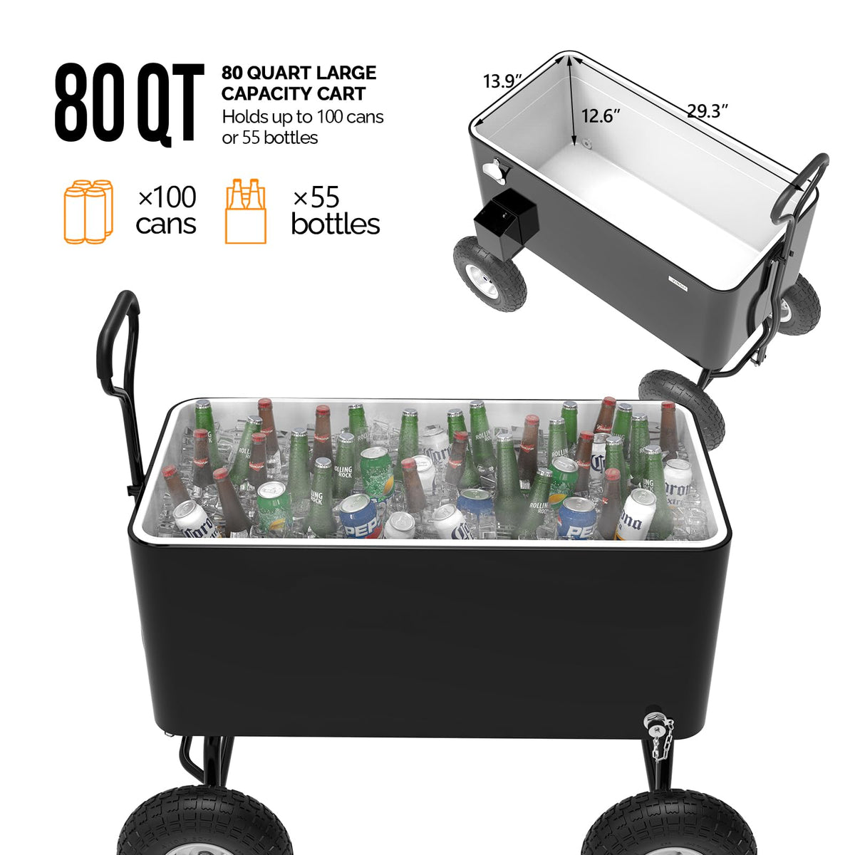 Vingli 80 Quart Wagon Rolling Cooler Ice Chest, W/Long Handle and 10" Wheels