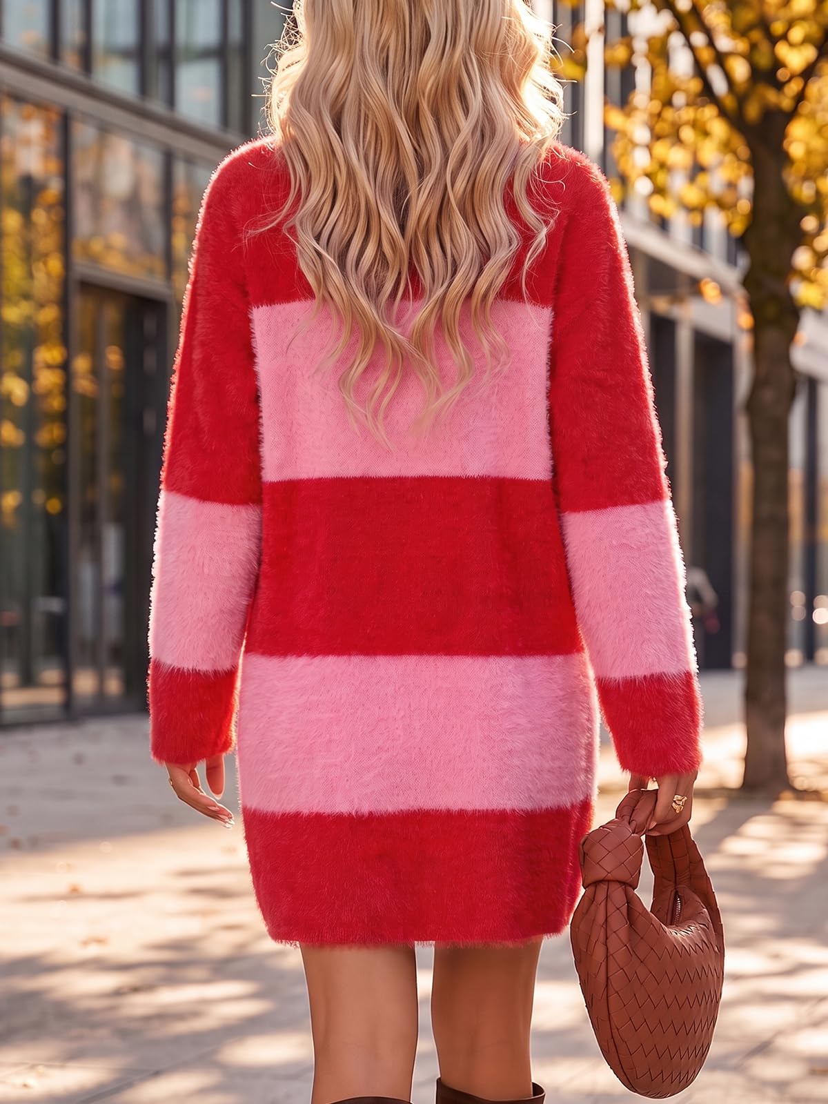 Wenrine Women Oversized Striped Sweater Dress Fall Long Sleeve Knit Dresses