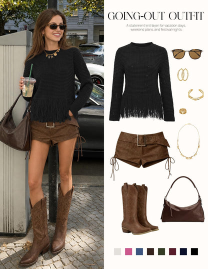 MEROKEETY Women's Fall Fashion Crochet Fringe Sweater Tops Boho Pullover