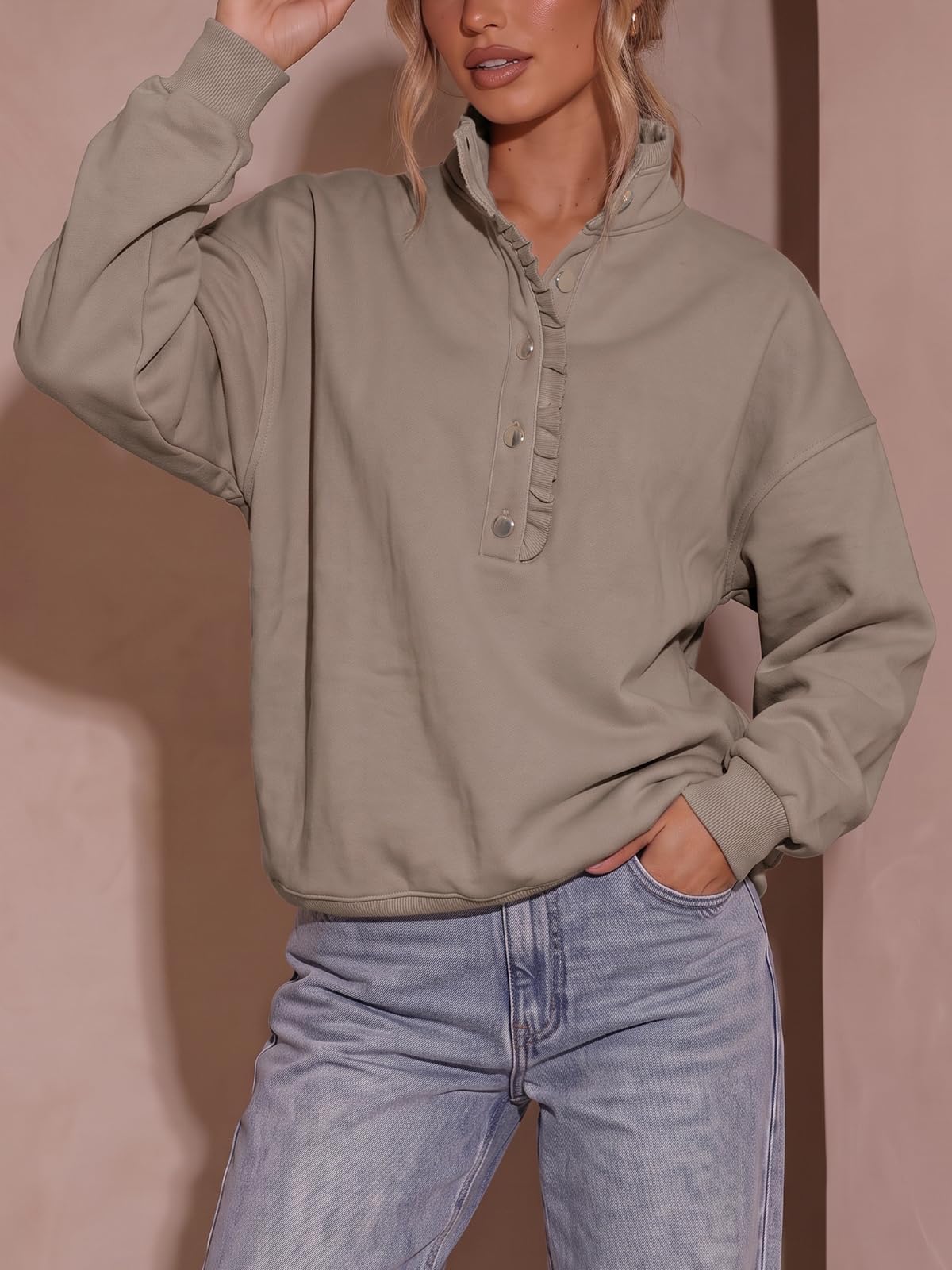 Fisoew Womens Sweatshirt Mock Neck Henley Pullover
