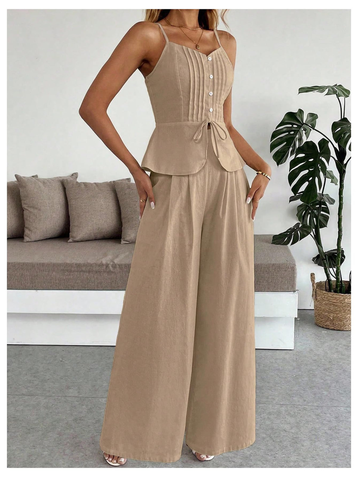 SOLY HUX Women's 2 Piece Outfit Button Down Peplum Cami Wide Leg Pants Set