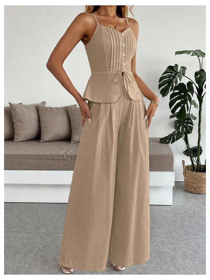 SOLY HUX Women's 2 Piece Outfit Button Down Peplum Cami Wide Leg Pants Set