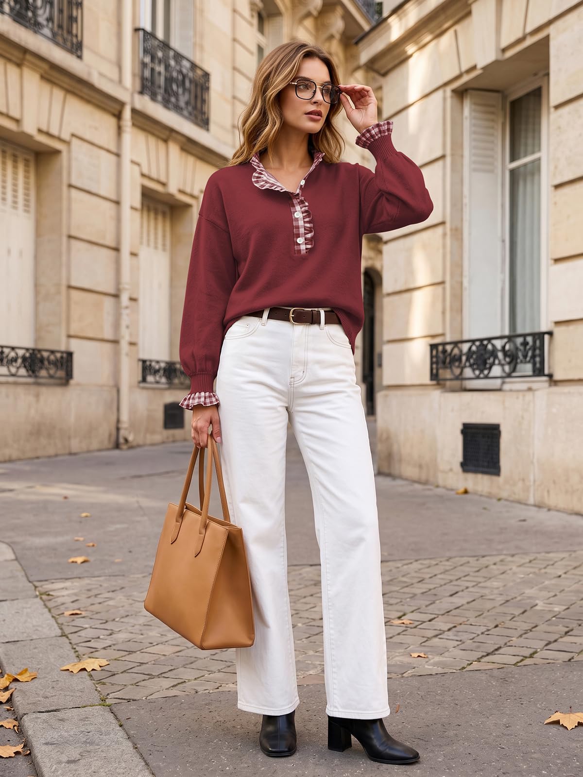 Ruffle Knit Collared Quarter Pullover