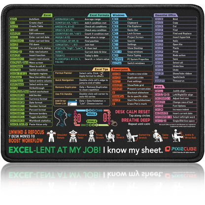 Pixiecube Excel Cheat Sheet Desk Pad | Excel Shortcut Keys Mouse Pad | Extended Large XL Gaming Mousepad | Pc Office Spreadsheet Keyboard Mat | Non-Slip Stitched Edge