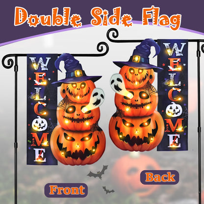 Halloween Lighted Garden Flag for Outside, LED Solar Yard Flag 8 Modes Witch Feet Shape Flag, 28x40 Double Sided Cauldron Eyeball Black Cat Decorations for Home Porch