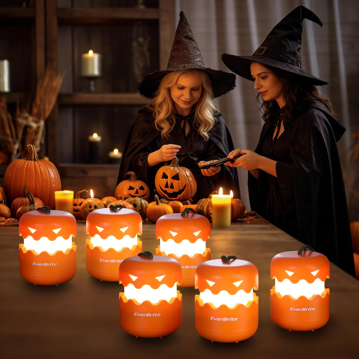 Everbrite 6-Pack Halloween Pumpkin Lantern, Collapsible Jack O Lantern Pumpkins with Lanyard, Halloween Party Favors, Light Up Pumpkin Outdoor for Halloween Party Decoration, Battery Included