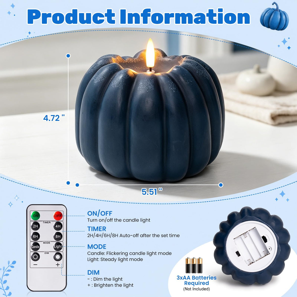 Fall Decor, Fall Decorations for Home - Flameless Pumpkin Candle with Timer Remote - Room Bedroom Table Farmhouse Decor for Halloween, Thanksgiving, Orange+white