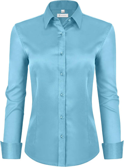 siliteelon Womens Classic-Fit Dress Shirts Long Sleeve Button Down Wrinkle-Free Stretch Solid Casual Work Office Blouse Top