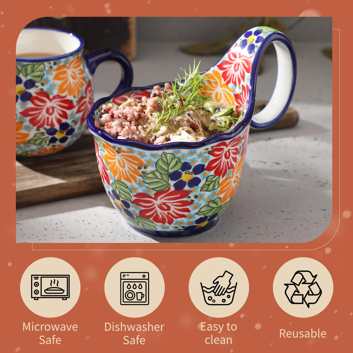 Alma Handpainted Microwavable Soup Bowl with Loop Handle 18.6Oz, Cereal Bowl with Handle