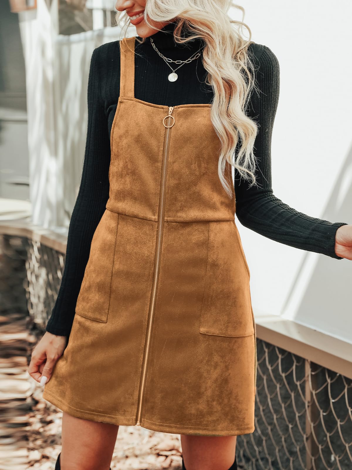 CUPSHE Faux Suede Mini Fall Dresses for Women Square Neck Pull Ring Zipper Front Pockets Wide Straps Casual Autumn Dress