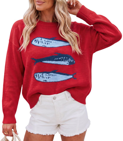 Cicy Bell Womens Graphic Sweaters Lightweight Knit Crewneck Pullover