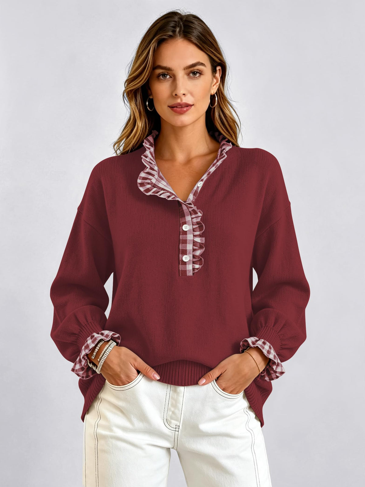 Ruffle Knit Collared Quarter Pullover