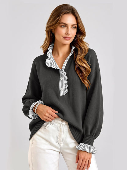 Ruffle Knit Collared Quarter Pullover