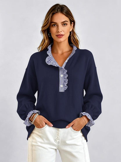 Ruffle Knit Collared Quarter Pullover