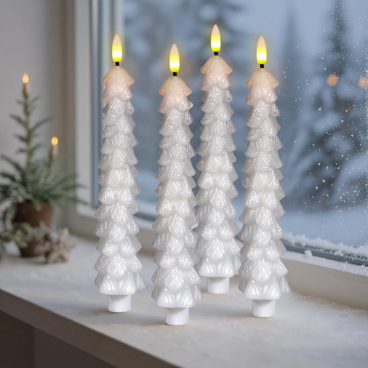 Green Christmas Tree Flameless Taper Candles Battery Operated Remote Timer